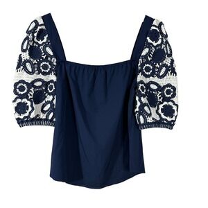 Week& Women's Top‎ Navy Crochet Sleeves Square Neck  Boho Cottagecore Size S/M